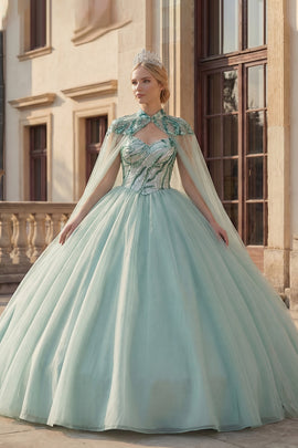 Sparkly Mint Green Long Sequin Princess Quinceanera Dress with Cape