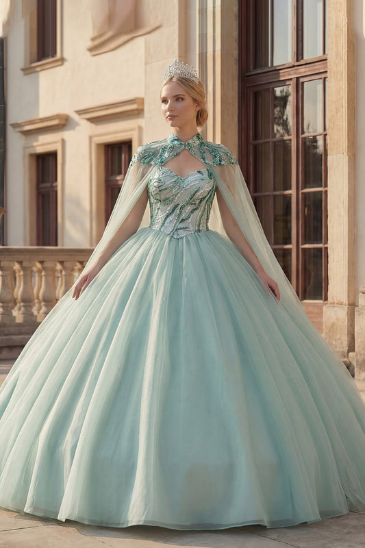 Sparkly Mint Green Long Sequin Princess Quinceanera Dress with Cape