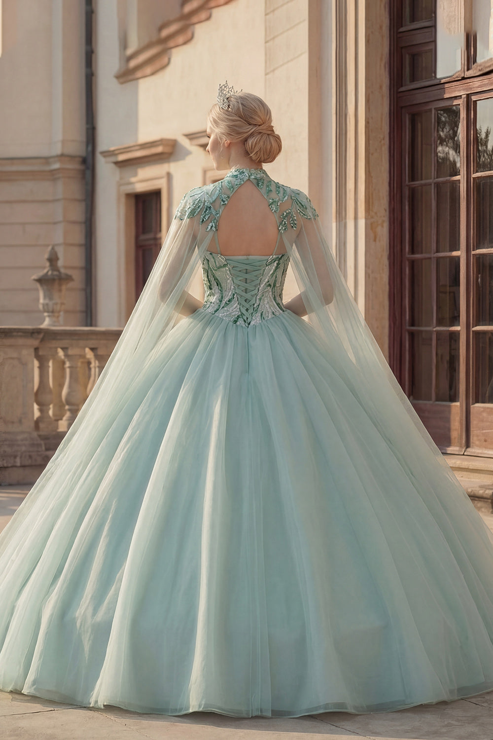Sparkly Mint Green Long Sequin Princess Quinceanera Dress with Cape