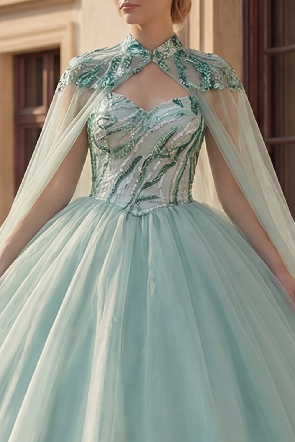 Sparkly Mint Green Long Sequin Princess Quinceanera Dress with Cape