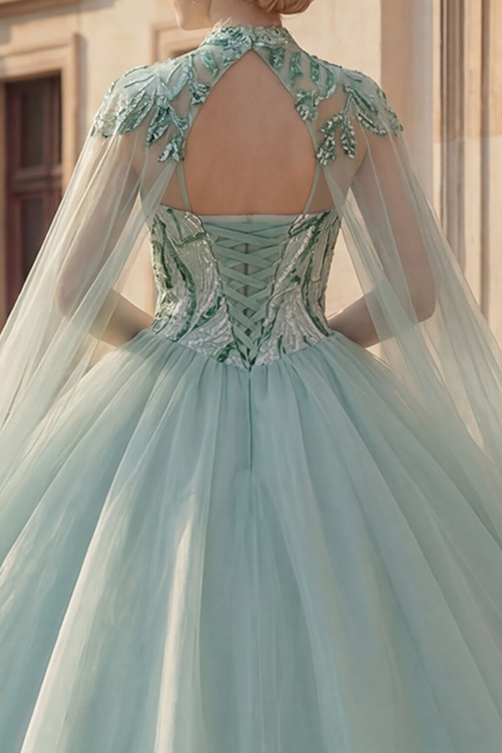 Sparkly Mint Green Long Sequin Princess Quinceanera Dress with Cape