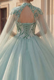 Sparkly Mint Green Long Sequin Princess Quinceanera Dress with Cape