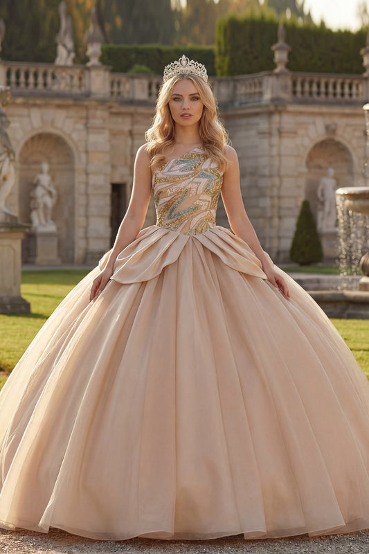 Long Sparkly Champagne Sequin Princess Quinceanera Dress with Ruffles