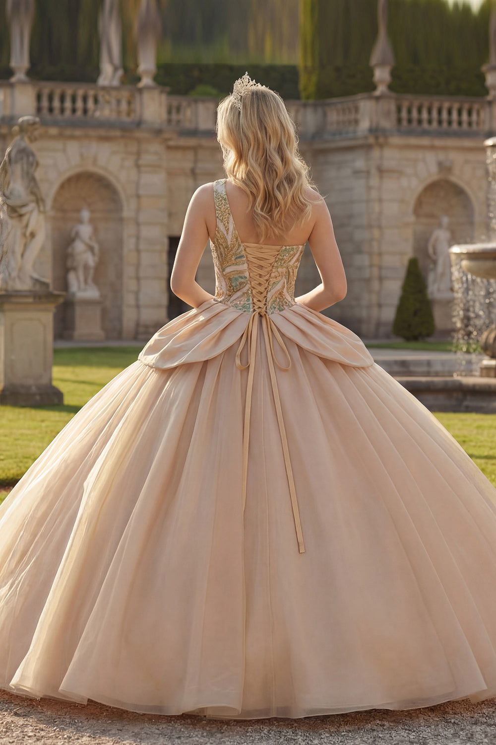 Long Sparkly Champagne Sequin Princess Quinceanera Dress with Ruffles