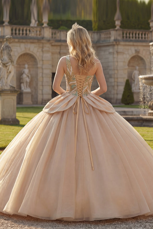 Long Sparkly Champagne Sequin Princess Quinceanera Dress with Ruffles