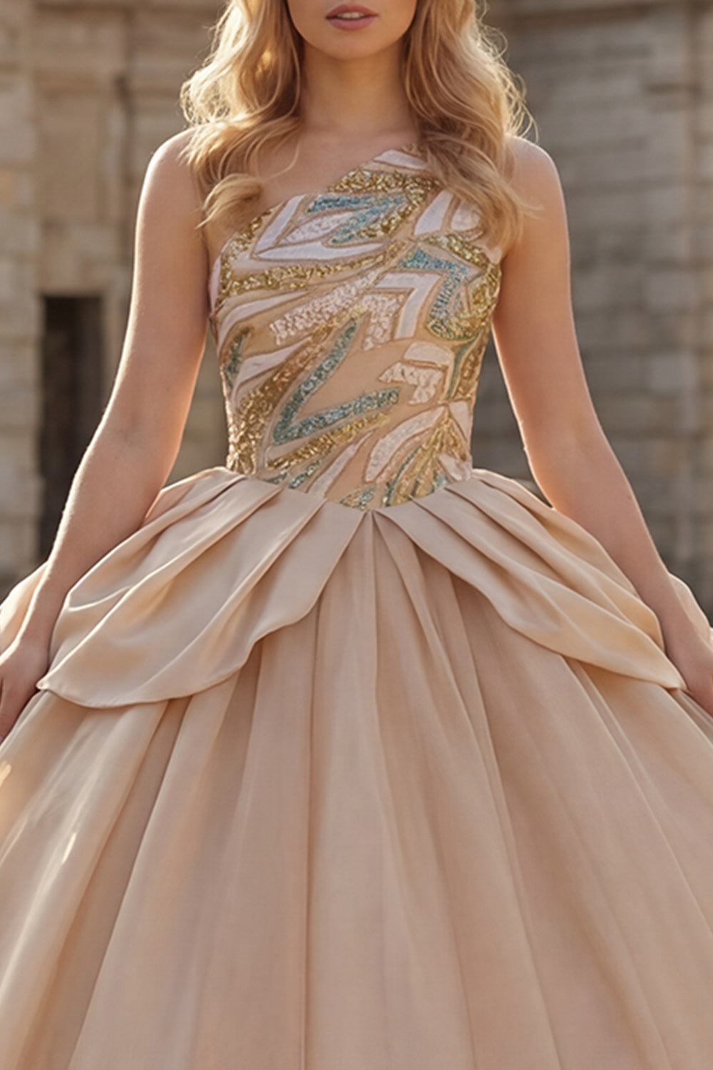 Long Sparkly Champagne Sequin Princess Quinceanera Dress with Ruffles