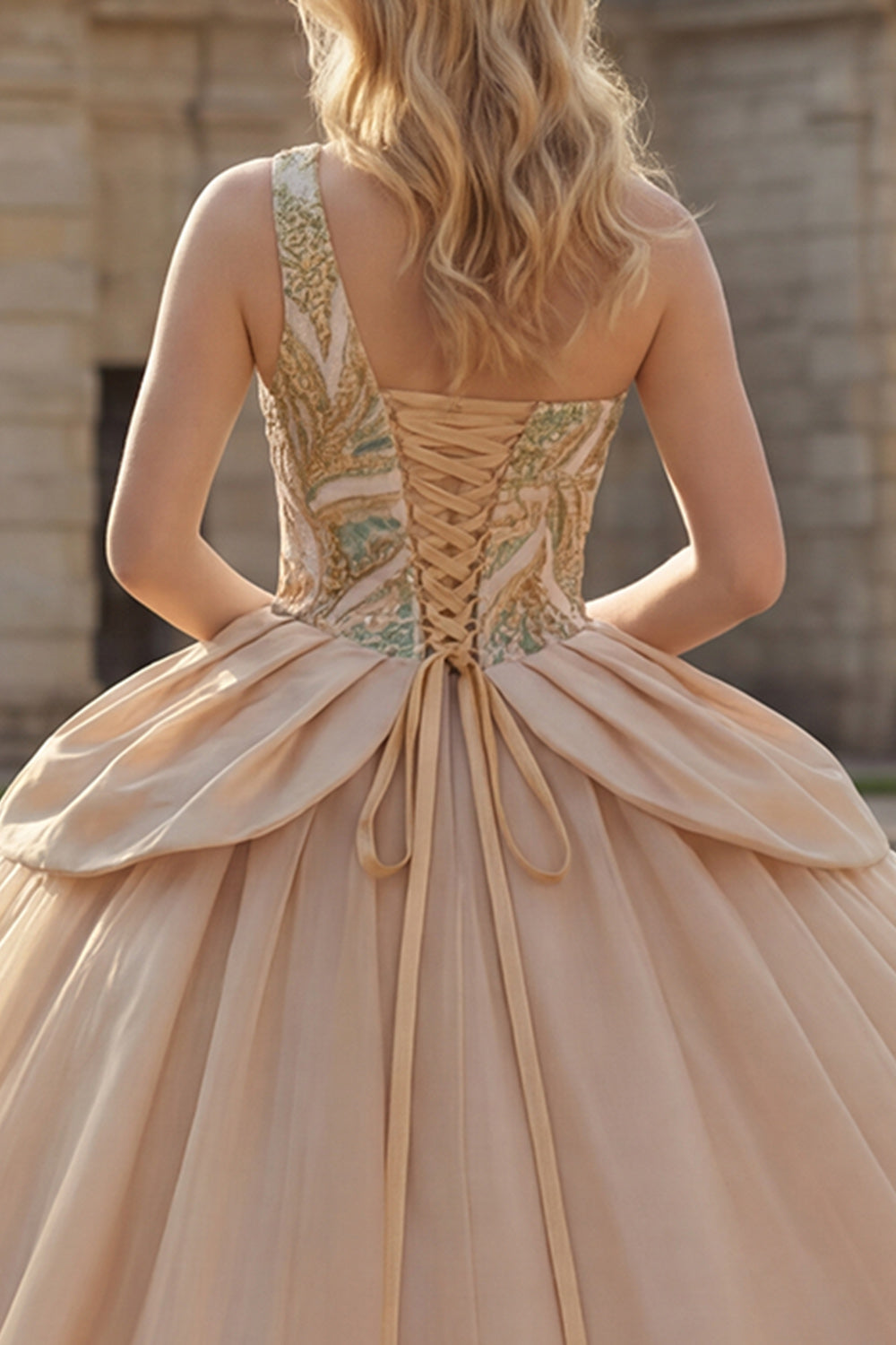 Long Sparkly Champagne Sequin Princess Quinceanera Dress with Ruffles
