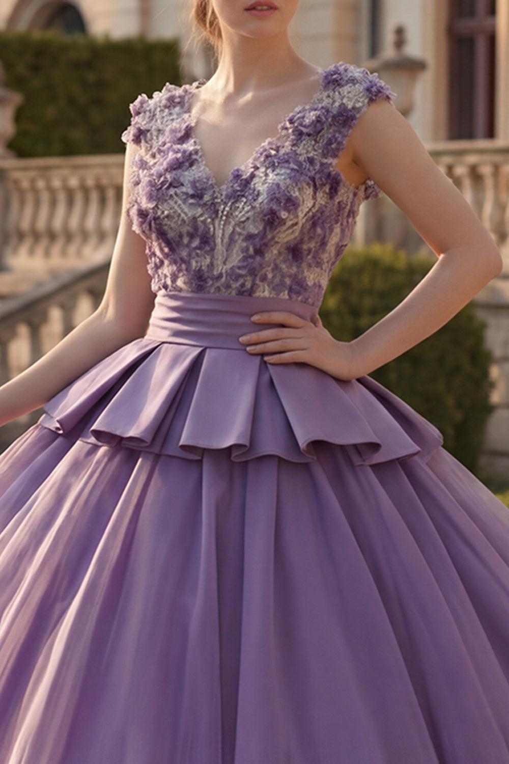 V-Neck Purple Floral Princess Long Quinceanera Dress with Ruffles
