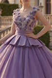 V-Neck Purple Floral Princess Long Quinceanera Dress with Ruffles