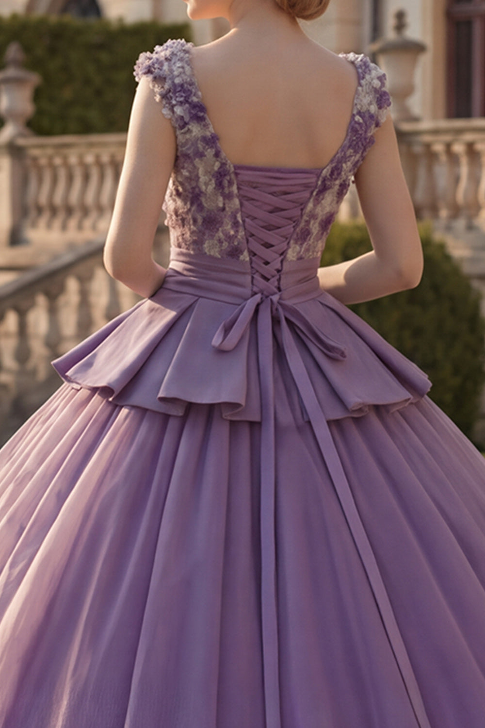 V-Neck Purple Floral Princess Long Quinceanera Dress with Ruffles