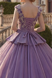 V-Neck Purple Floral Princess Long Quinceanera Dress with Ruffles