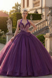Dark Purple Beaded Halter Princess Long Quinceanera Dress with Ruffles