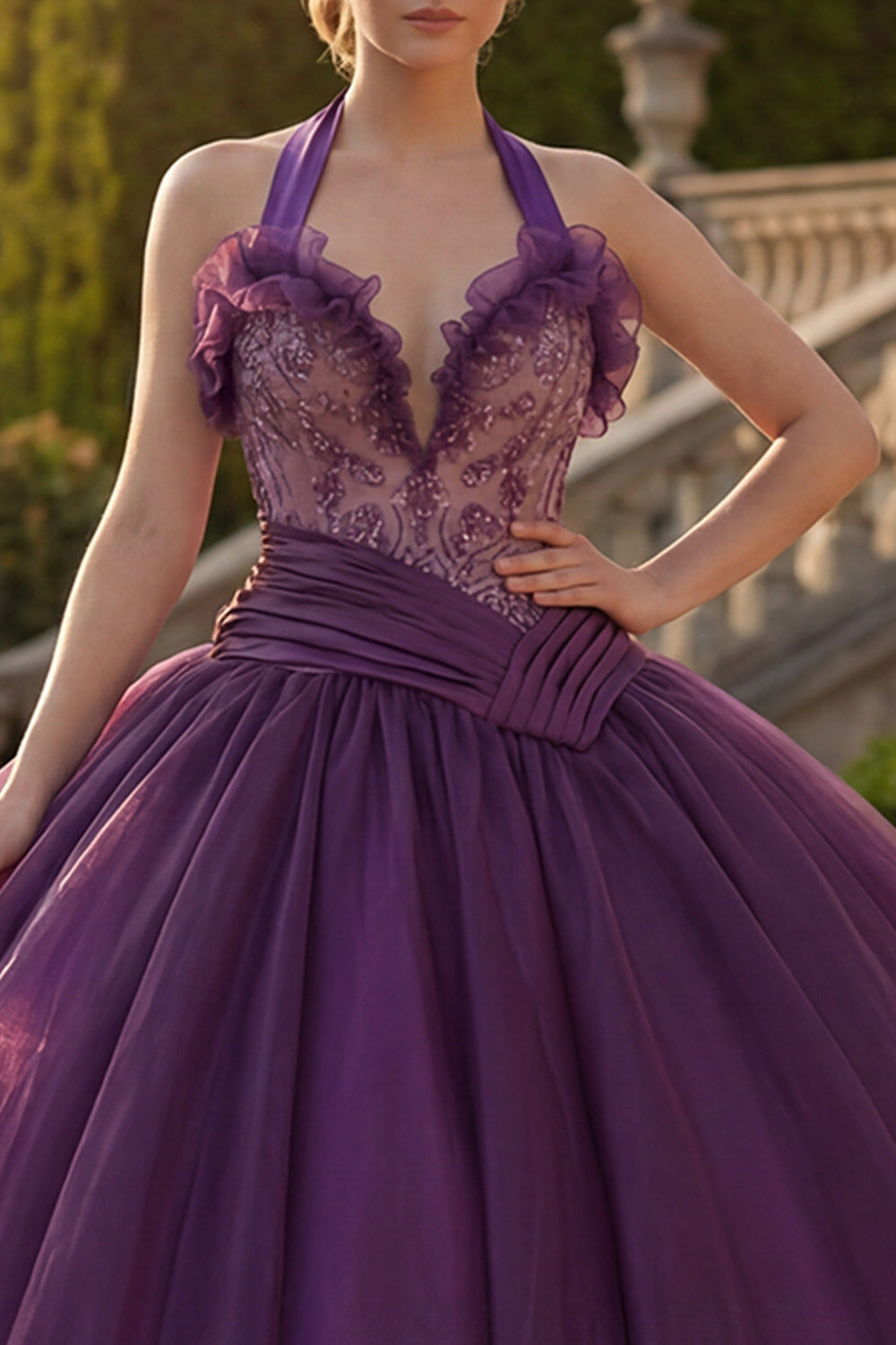 Dark Purple Beaded Halter Princess Long Quinceanera Dress with Ruffles