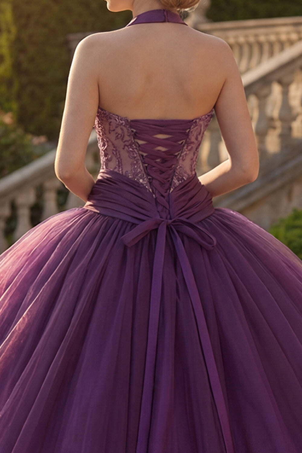 Dark Purple Beaded Halter Princess Long Quinceanera Dress with Ruffles