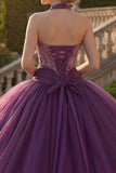 Dark Purple Beaded Halter Princess Long Quinceanera Dress with Ruffles