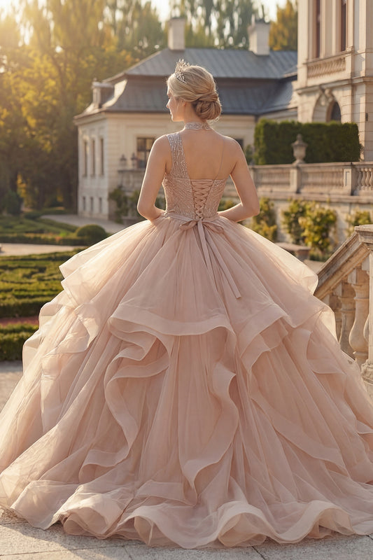 Sparkly Champagne Ruffled Princess Long Quinceanera Dress with Beading