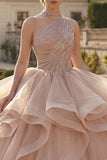 Sparkly Champagne Ruffled Princess Long Quinceanera Dress with Beading