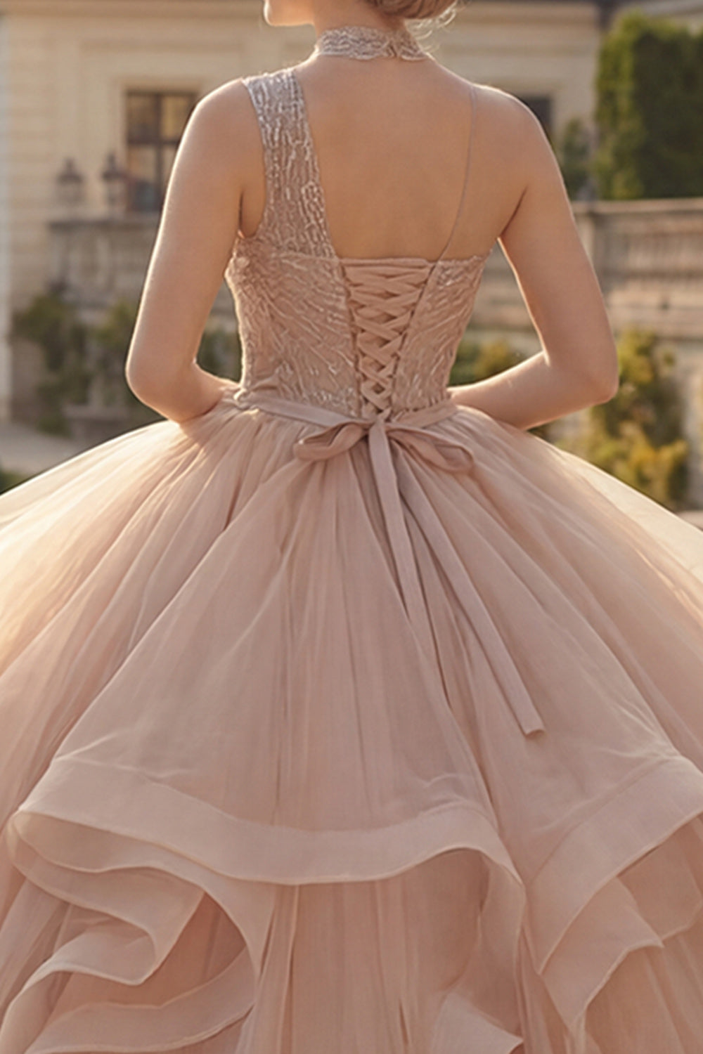 Sparkly Champagne Ruffled Princess Long Quinceanera Dress with Beading