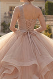 Sparkly Champagne Ruffled Princess Long Quinceanera Dress with Beading