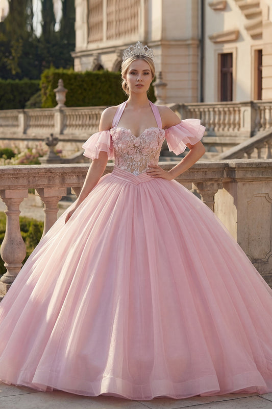 Floral Halter Ruffled Pink Princess Long Quinceanera Dress with Beading