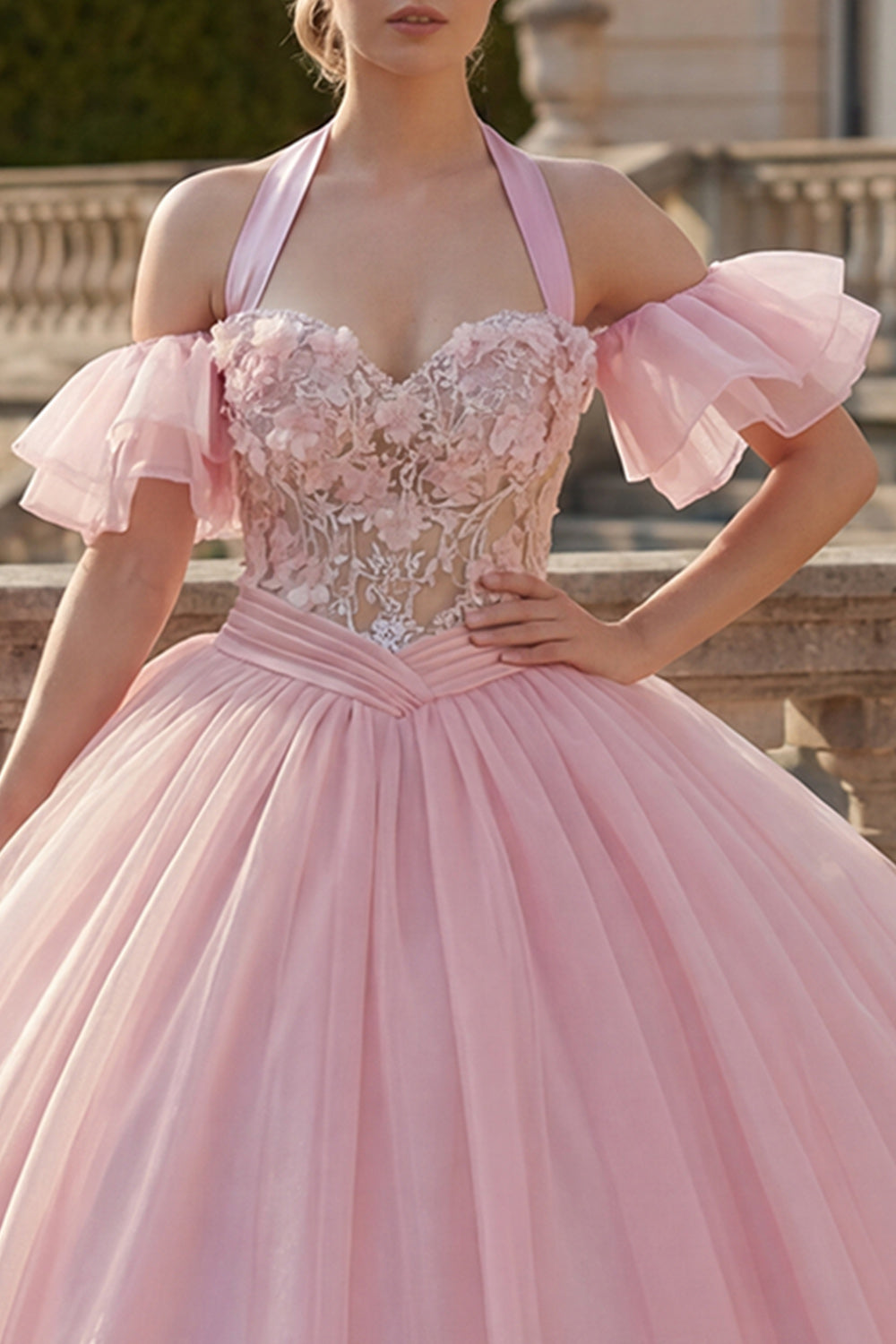 Floral Halter Ruffled Pink Princess Long Quinceanera Dress with Beading