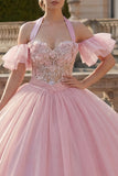 Floral Halter Ruffled Pink Princess Long Quinceanera Dress with Beading