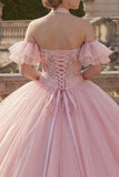 Floral Halter Ruffled Pink Princess Long Quinceanera Dress with Beading
