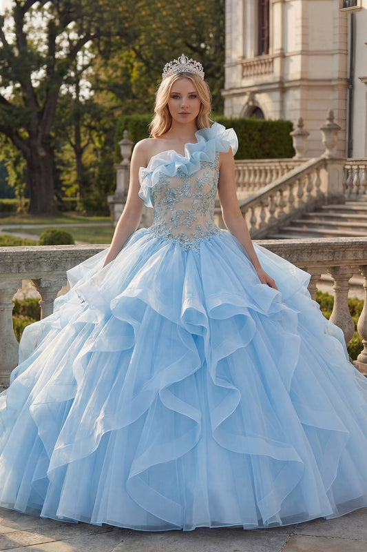 Ruffled Sky Blue Long One Shoulder Princess Quinceanera Dress with Lace