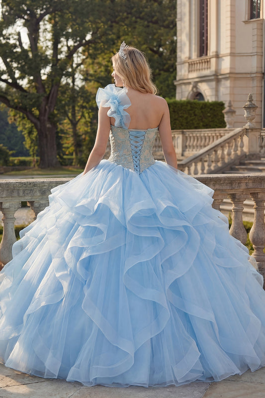 Ruffled Sky Blue Long One Shoulder Princess Quinceanera Dress with Lace