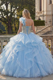 Ruffled Sky Blue Long One Shoulder Princess Quinceanera Dress with Lace