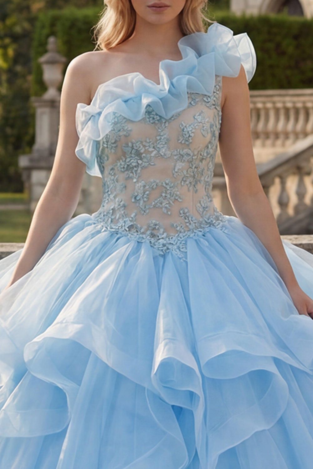 Ruffled Sky Blue Long One Shoulder Princess Quinceanera Dress with Lace