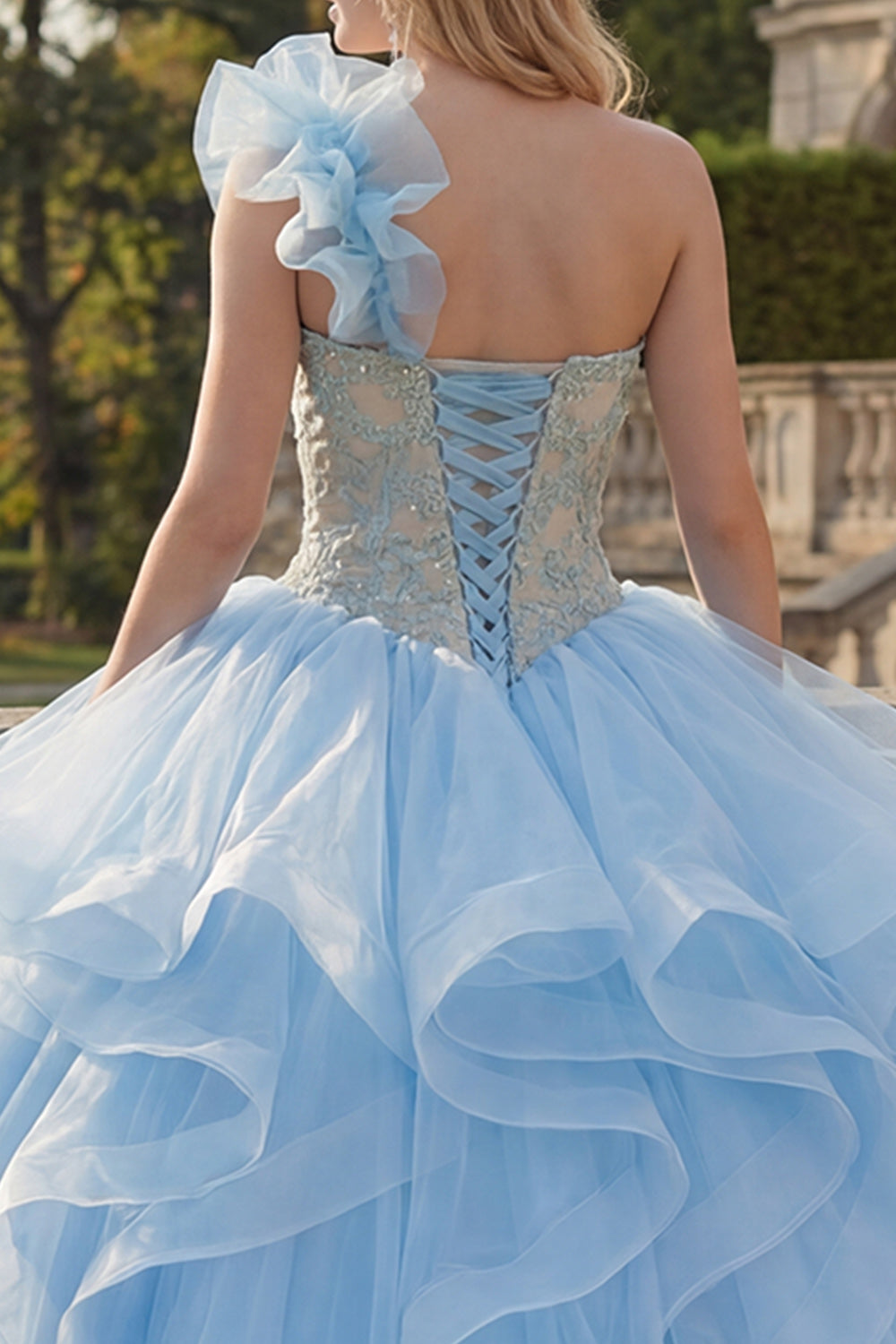 Ruffled Sky Blue Long One Shoulder Princess Quinceanera Dress with Lace