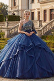 Floral One Shoulder Princess Long Navy Quinceanera Dress with Ruffles