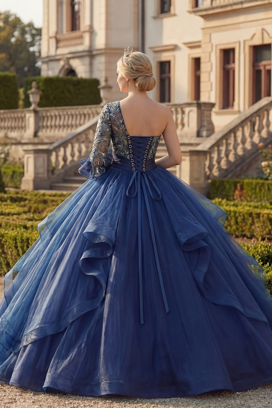 Floral One Shoulder Princess Long Navy Quinceanera Dress with Ruffles