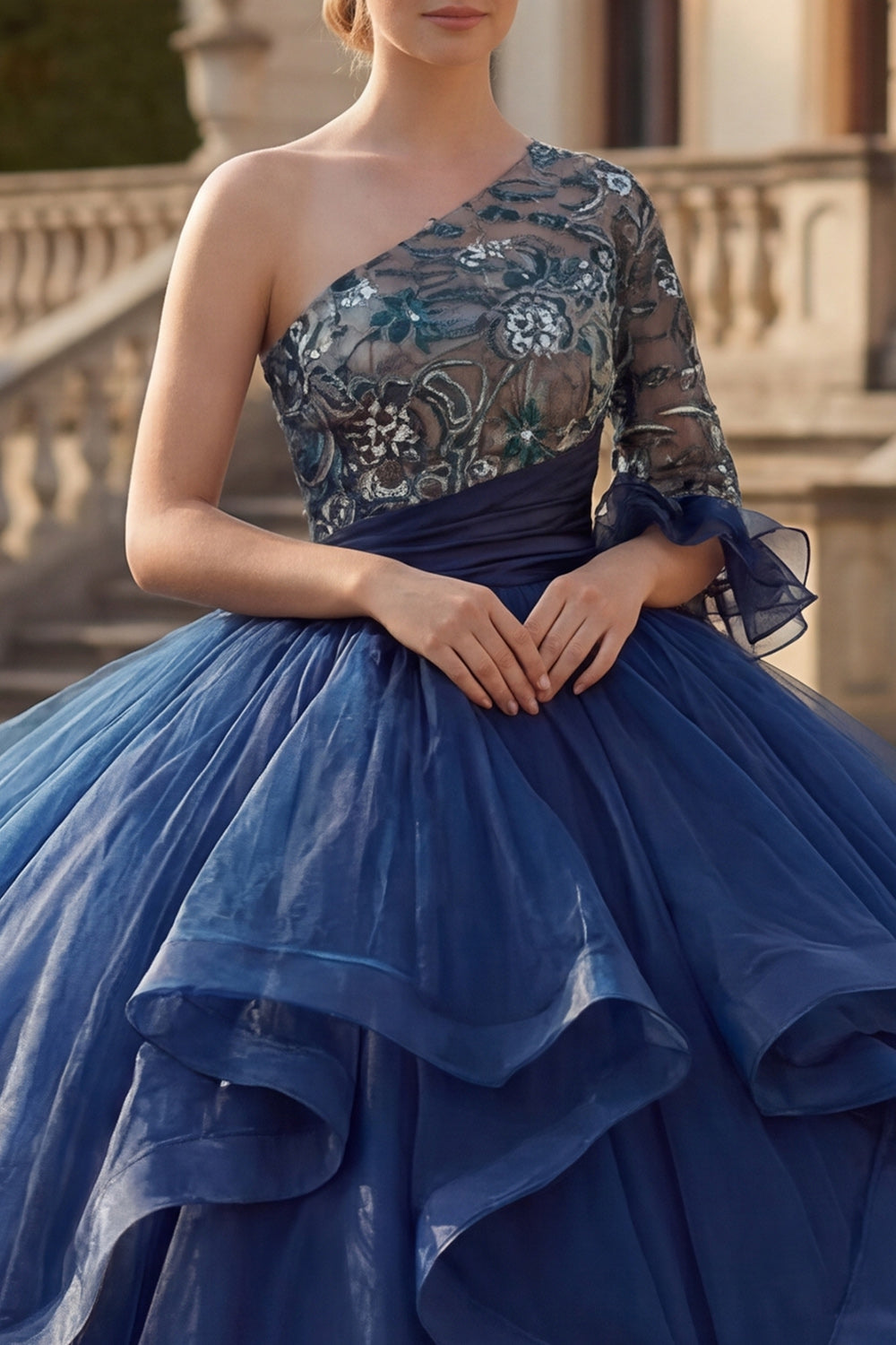Floral One Shoulder Princess Long Navy Quinceanera Dress with Ruffles