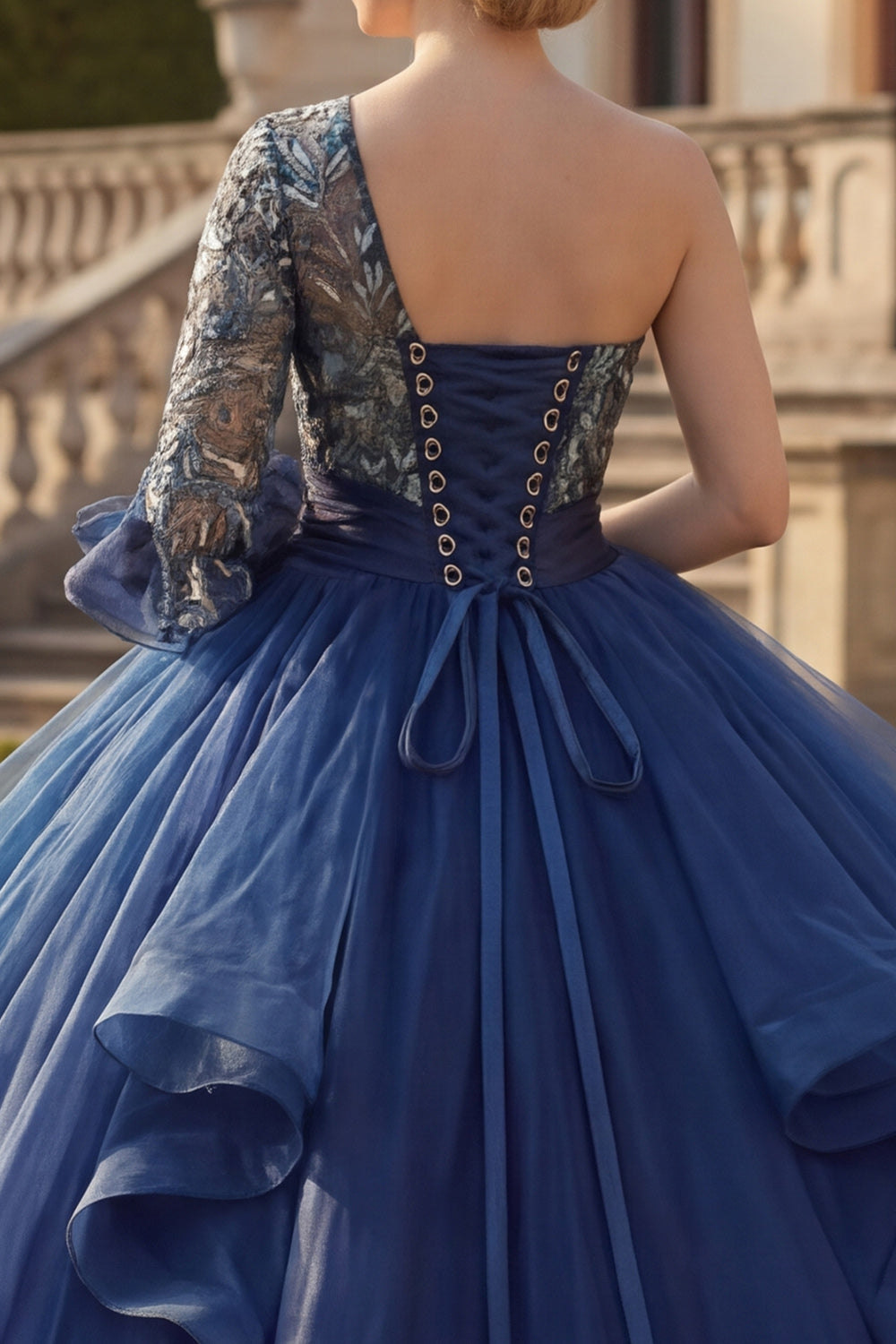 Floral One Shoulder Princess Long Navy Quinceanera Dress with Ruffles