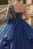Floral One Shoulder Princess Long Navy Quinceanera Dress with Ruffles