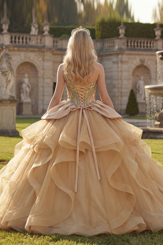 Ruffled Long Sparkly Champagne Sequin Princess Quinceanera Dress