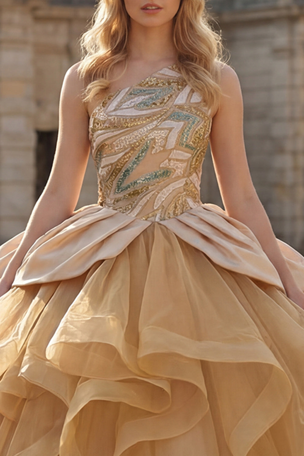 Ruffled Long Sparkly Champagne Sequin Princess Quinceanera Dress