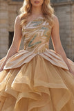 Ruffled Long Sparkly Champagne Sequin Princess Quinceanera Dress
