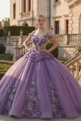 Off the Shoulder Purple Floral Ruched Princess Long Quinceanera Dress