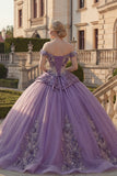 Off the Shoulder Purple Floral Ruched Princess Long Quinceanera Dress