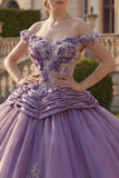 Off the Shoulder Purple Floral Ruched Princess Long Quinceanera Dress