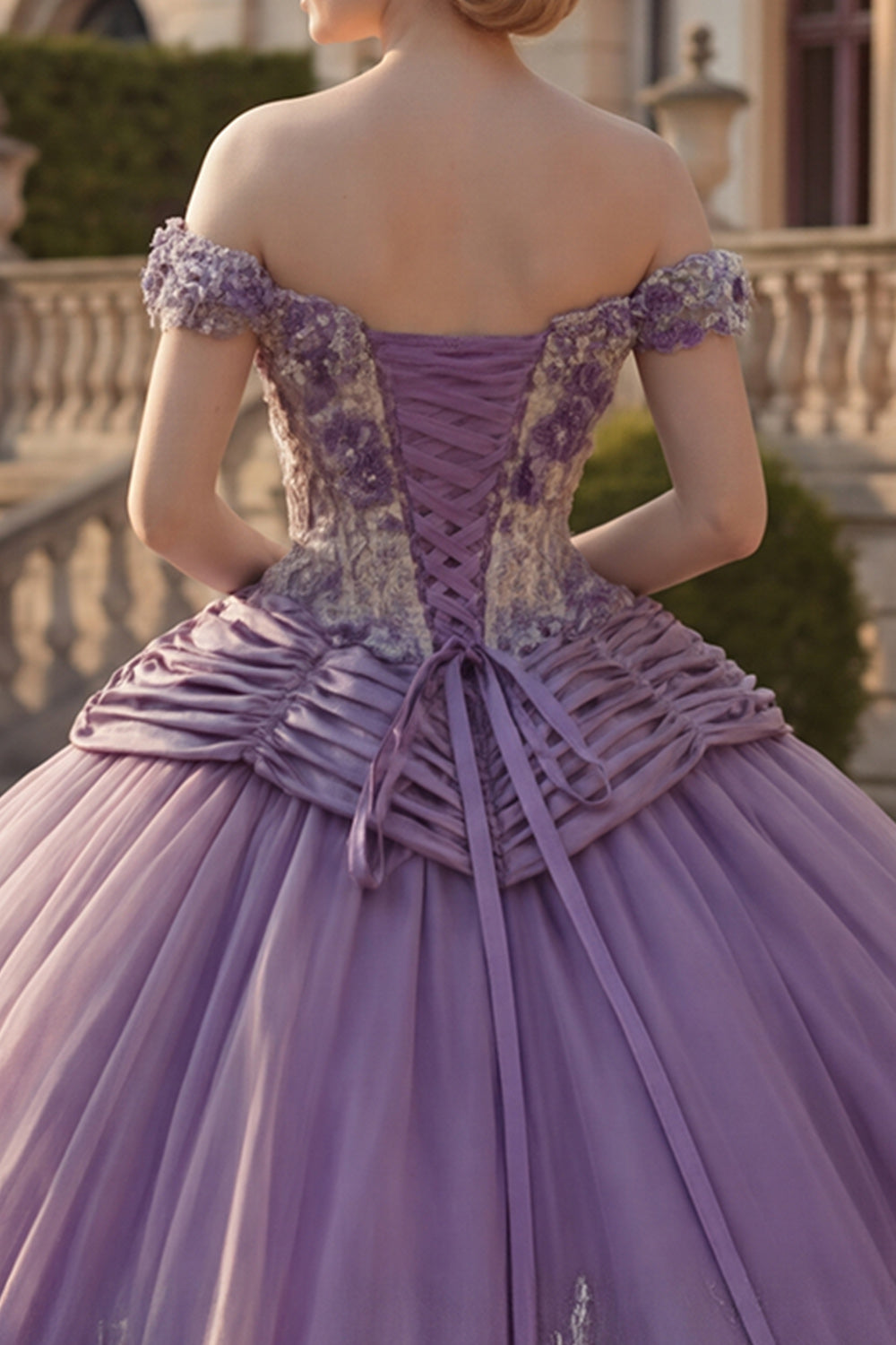 Off the Shoulder Purple Floral Ruched Princess Long Quinceanera Dress