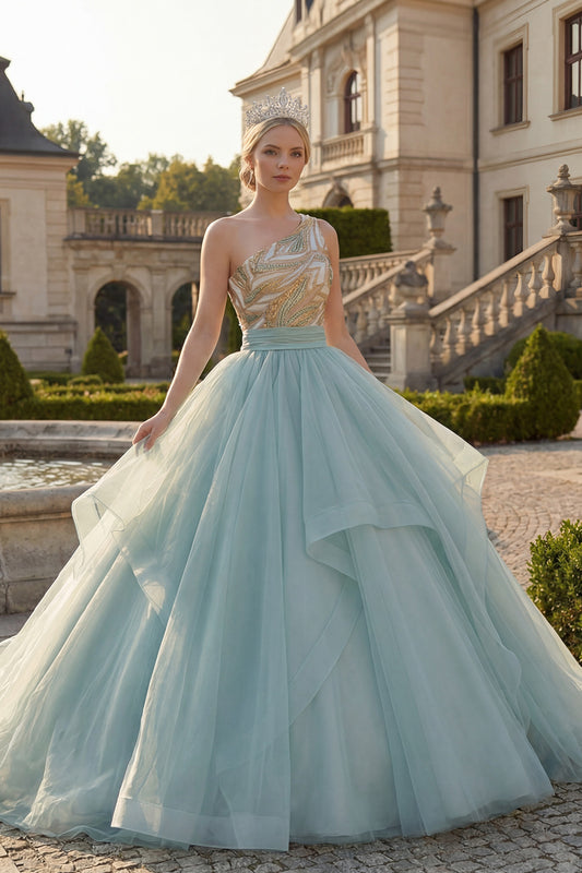 Long Sparkly Dusty Blue Sequin Princess Quinceanera Dress with Ruffles