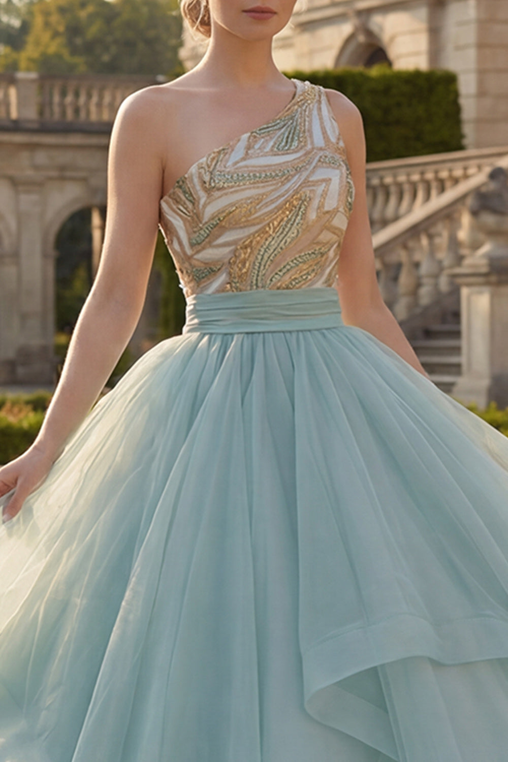 Long Sparkly Dusty Blue Sequin Princess Quinceanera Dress with Ruffles