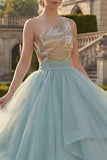 Long Sparkly Dusty Blue Sequin Princess Quinceanera Dress with Ruffles