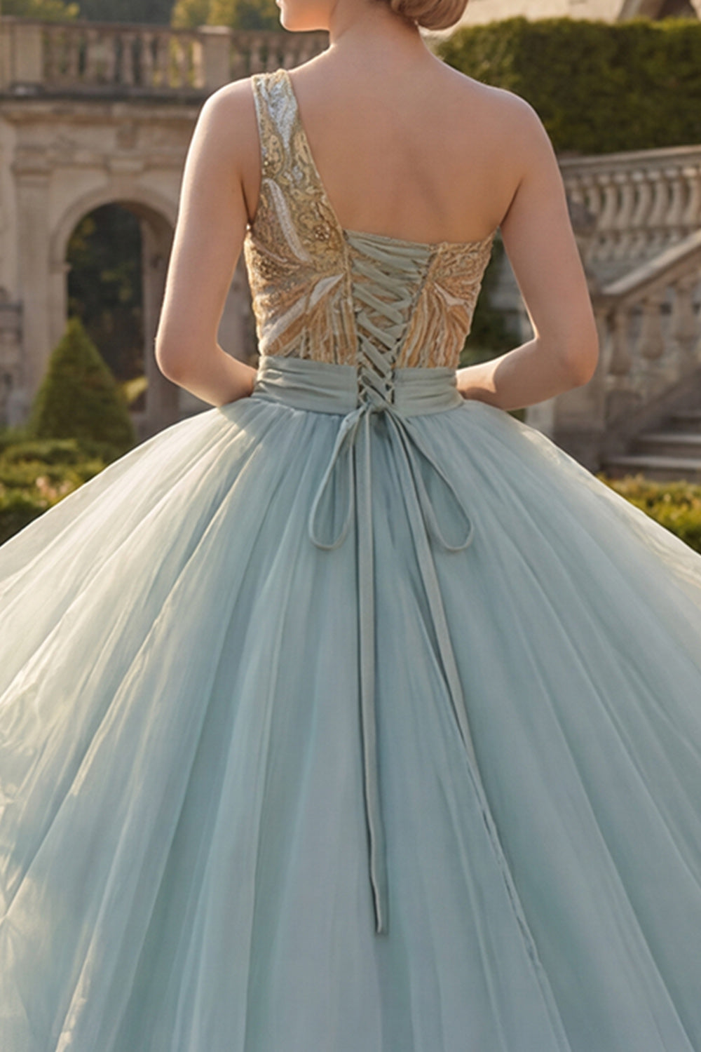 Long Sparkly Dusty Blue Sequin Princess Quinceanera Dress with Ruffles