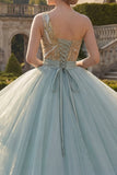 Long Sparkly Dusty Blue Sequin Princess Quinceanera Dress with Ruffles