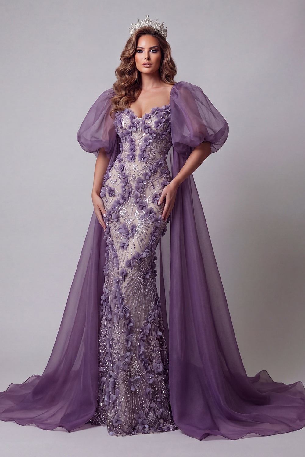 Sparkly Purple Mermaid Long Floral Puff Sleeves Beaded Pageant Dress with Cape